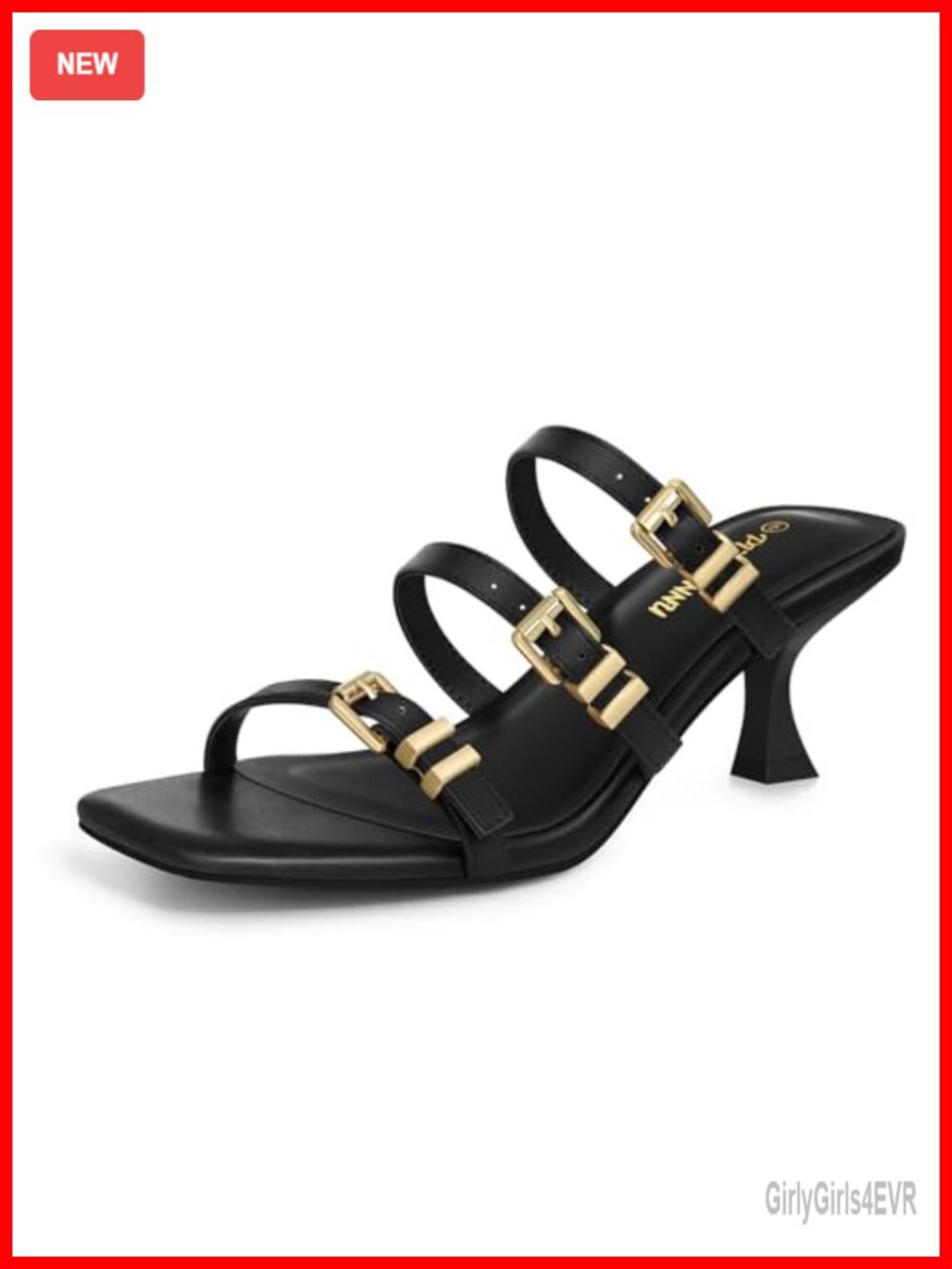 Women's Liora Kitten Heels Square Open Toe Slip-On Mules Three Buckle